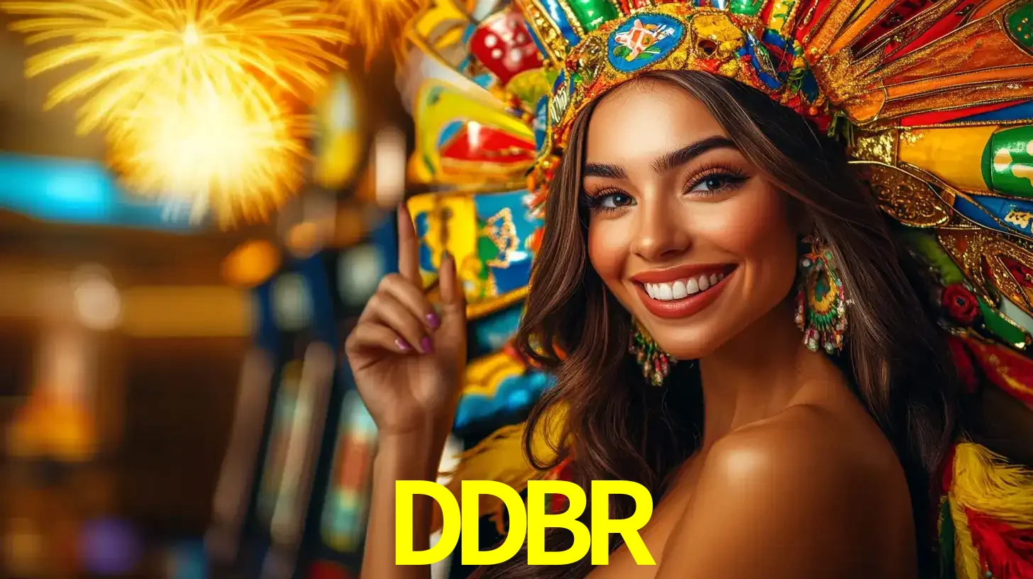 Mulher sorridente com um cocar de carnaval vibrante e colorido, celebrando uma grande vitória nos jogos do cassino DDBR com fogos de artifício ao fundo.