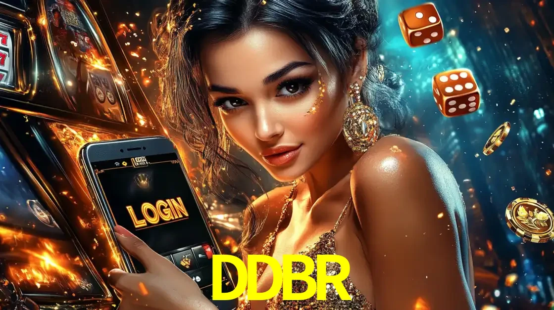 Mulher glamourosa segurando um celular com a tela de login do cassino DDBR, rodeada por dados e moedas douradas, pronta para começar a diversão.