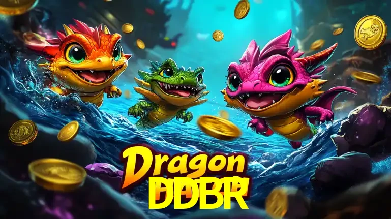 Arte promocional do jogo Dragon Hatch com três adoráveis dragões bebês nadando entre moedas de ouro, um dos slots mais divertidos para jogar no cassino DDBR.