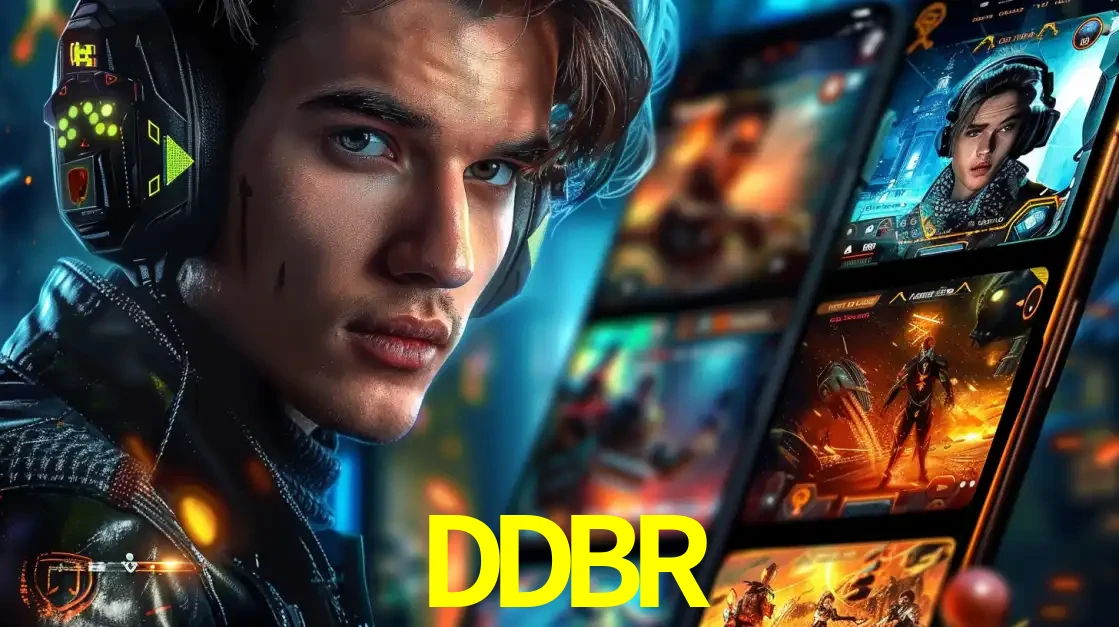 Jovem jogador com fones de ouvido olhando para a câmera, com um aplicativo de jogos e e-sports para celular ao fundo, pronto para a competição e apostas no DDBR.