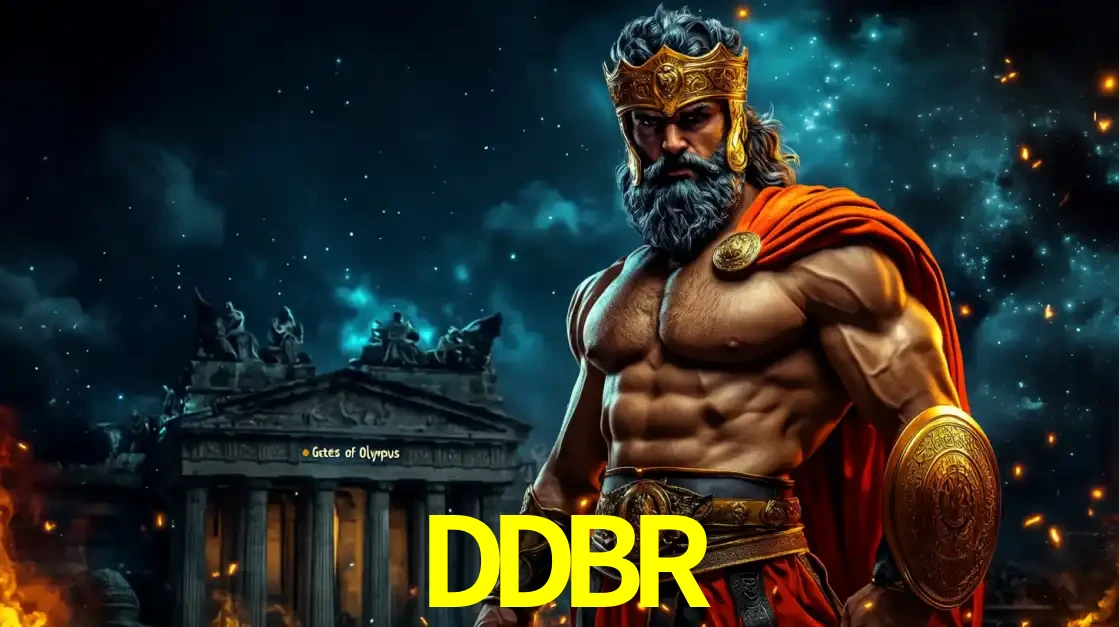 O poderoso Zeus do jogo de slot Gates of Olympus em frente ao seu templo, pronto para lançar multiplicadores divinos e prêmios épicos no cassino online DDBR.
