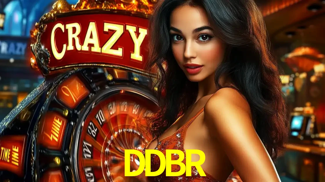 Mulher glamourosa olhando para a câmera com a roda vermelha do Crazy Time ao fundo em um ambiente de cassino, destacando a emoção dos jogos ao vivo no DDBR.