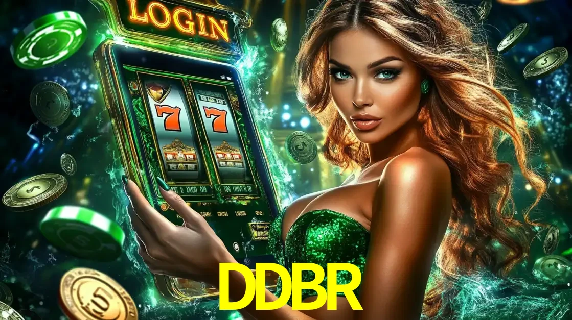 Mulher com tema verde apresentando o aplicativo do cassino DDBR com um jogo de slot de 777, cercada por fichas de cassino e uma aura de sorte.