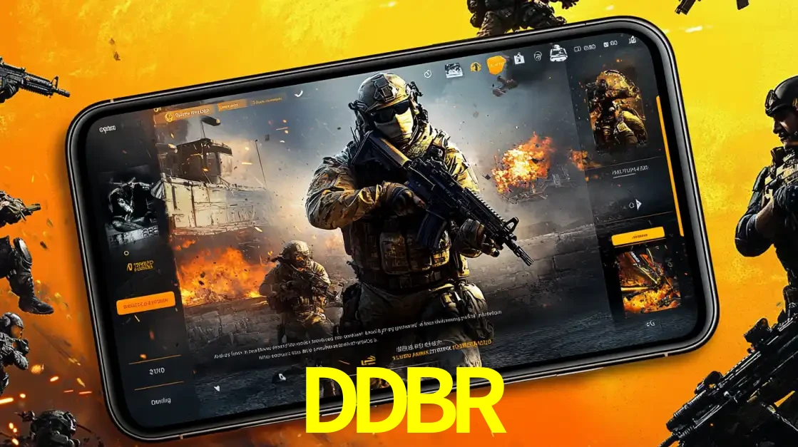 Um smartphone exibindo a interface de um jogo de tiro em primeira pessoa, com um soldado em um cenário de batalha, representando a ação dos e-sports para apostar no DDBR.