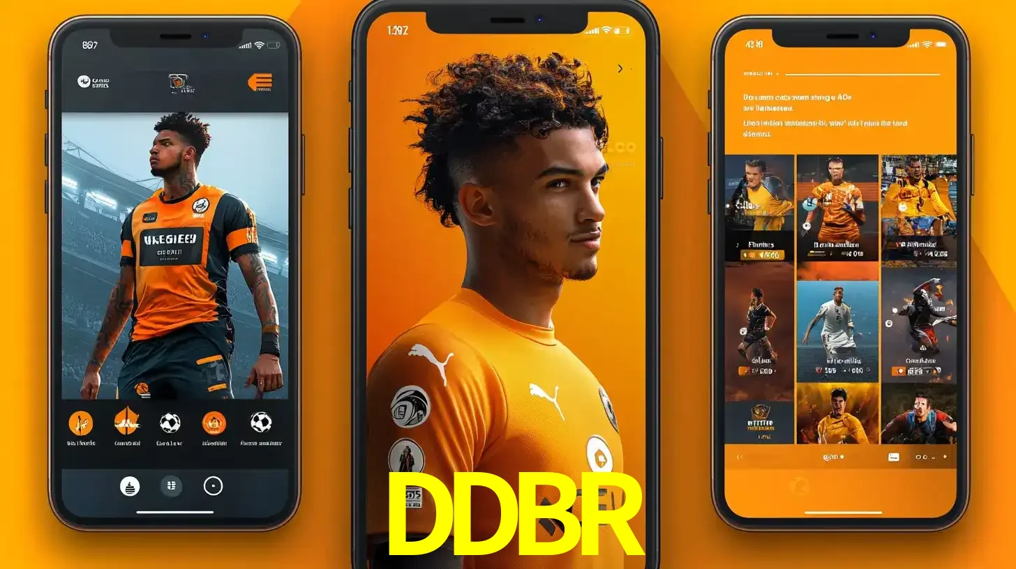 Interface do aplicativo de apostas esportivas DDBR em três telas de celular, mostrando o perfil de um jogador de futebol e a lista de jogos disponíveis para apostar.