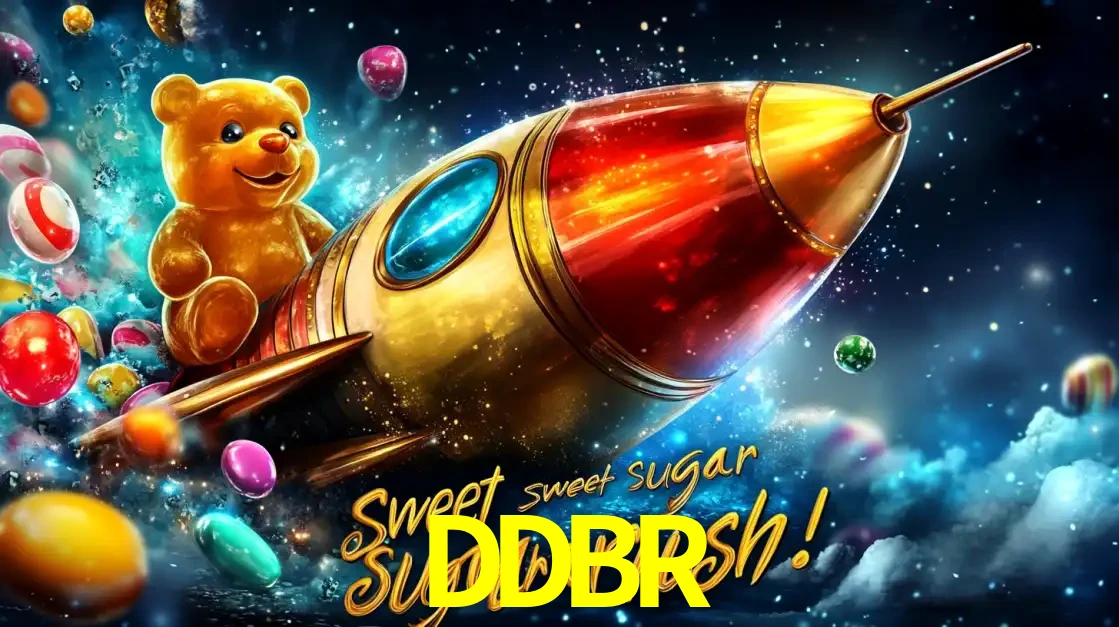 Arte promocional do jogo de slot Sugar Rush, com um urso de pelúcia em um foguete viajando pelo espaço de doces, um dos jogos divertidos disponíveis no cassino DDBR.