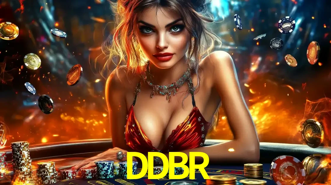 Mulher em uma mesa de cassino com pilhas de fichas e um fundo de fogo, pronta para uma rodada de altas apostas nos jogos de mesa emocionantes do cassino DDBR.