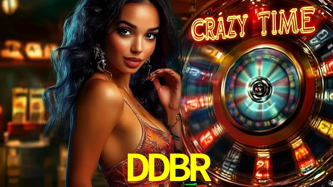 Mulher elegante ao lado da vibrante roda da fortuna do jogo de cassino ao vivo Crazy Time, um dos game shows mais populares e cheios de prêmios do DDBR.