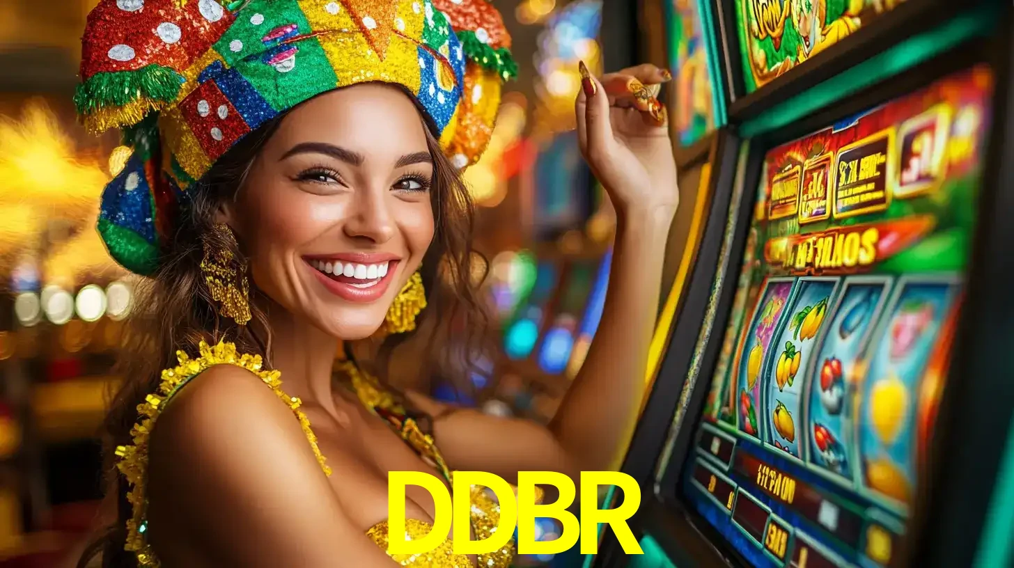 Mulher feliz com traje de carnaval amarelo e colorido ao lado de uma máquina de caça-níqueis, aproveitando a diversão e os jogos temáticos do cassino DDBR.