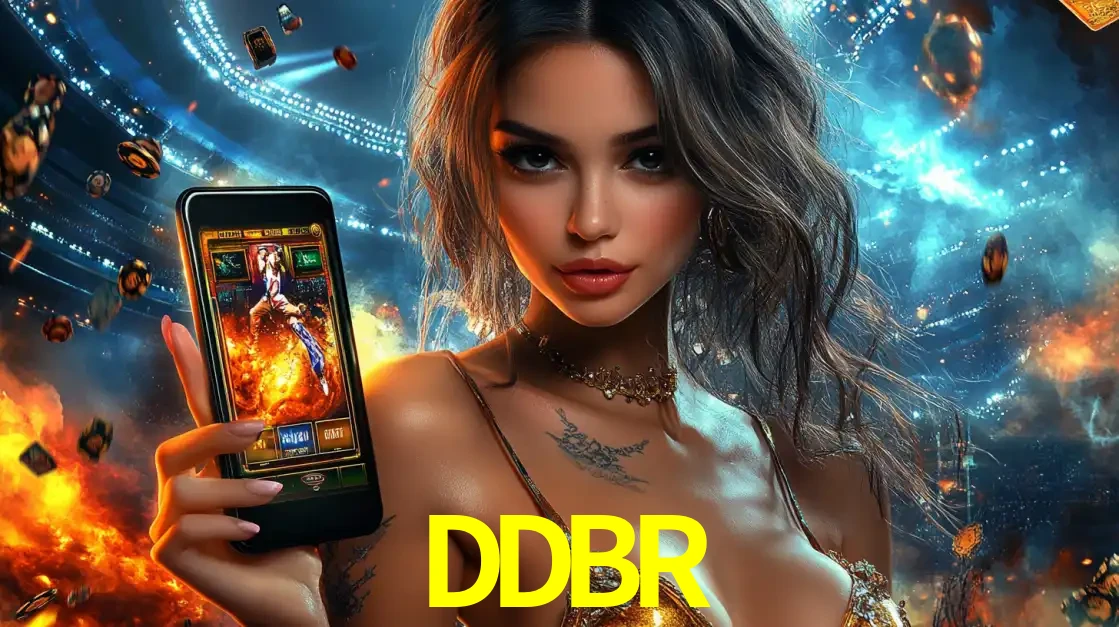 Mulher segurando um celular com um jogo de slot em destaque, tendo como fundo um estádio vibrante, simbolizando a emoção de jogar no cassino móvel DDBR.