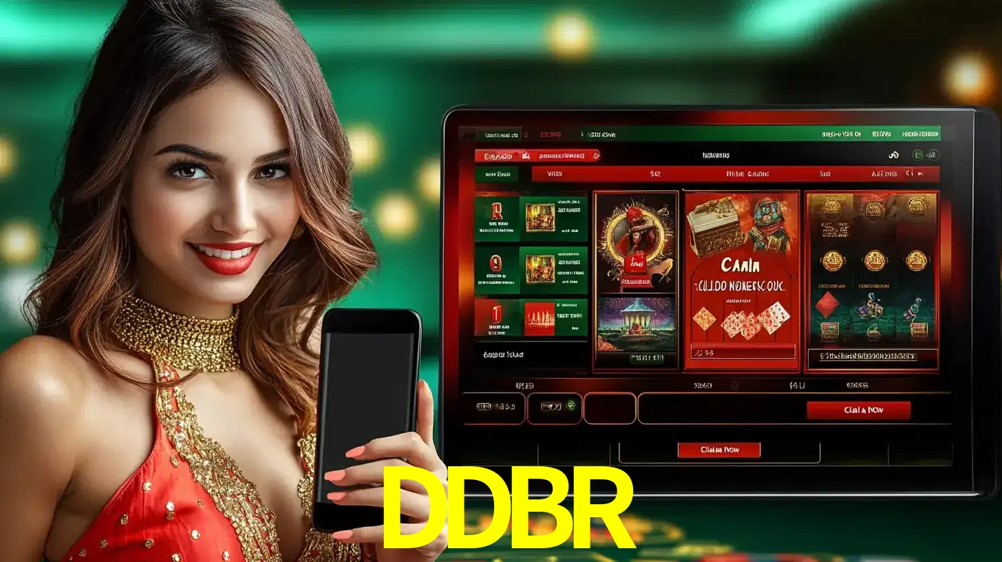 Mulher sorridente segurando um smartphone, ao lado de uma tela exibindo o lobby de jogos do cassino online DDBR, com várias opções de jogos de cartas e slots.